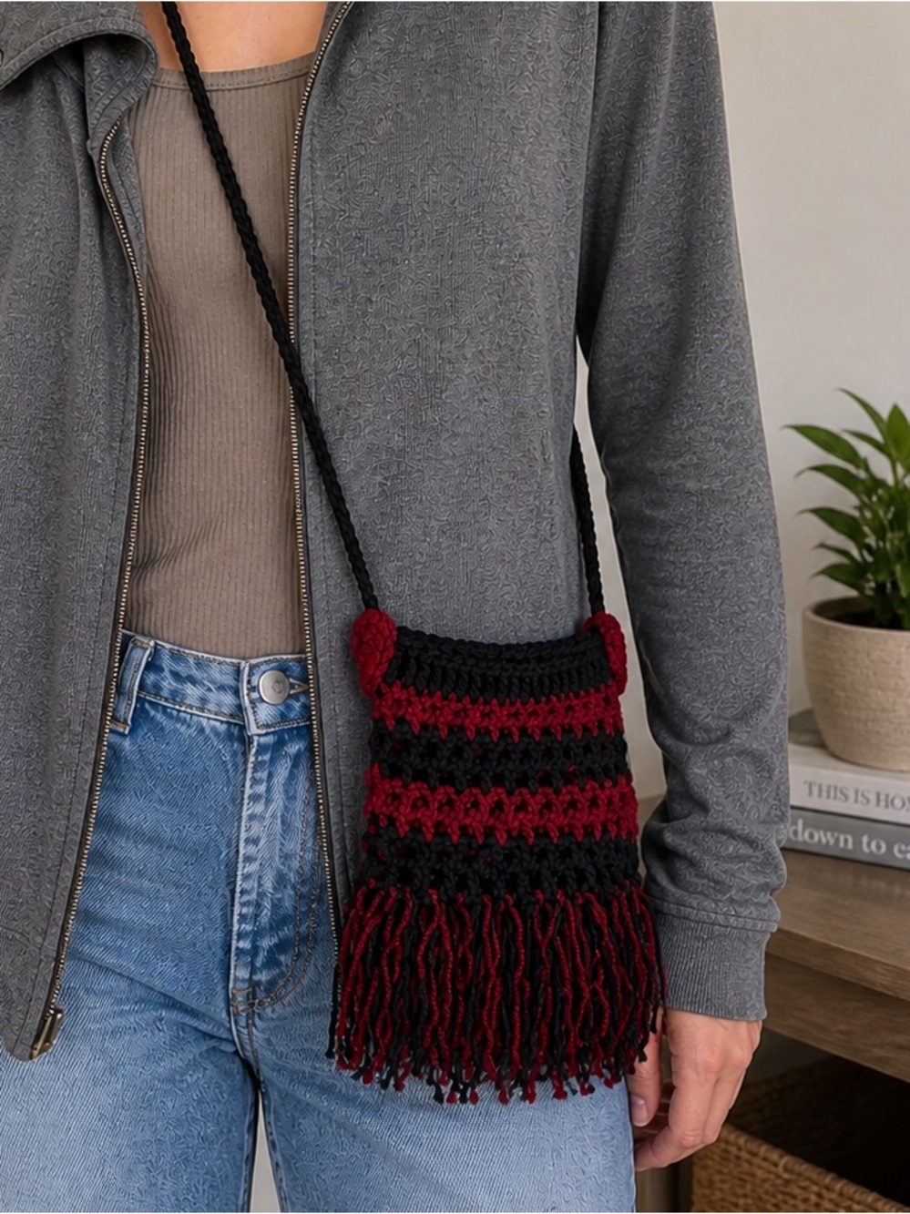 Crochet (by me) Black & Red Fringe Shoulder/Crossbody Bag with 3 pockets
